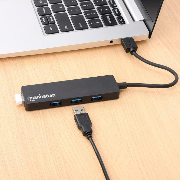 Manhattan USB-A 4-Port Hub, 4x USB-A Ports, 5 Gbps (USB 3.2 Gen1 aka USB 3.0), Bus Power, SuperSpeed USB, Black, Three Year Warranty, Box
