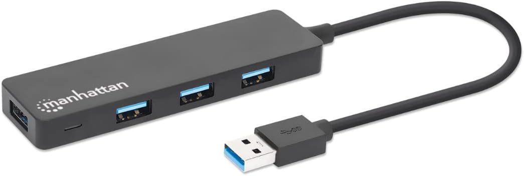 Manhattan USB-A 4-Port Hub, 4x USB-A Ports, 5 Gbps (USB 3.2 Gen1 aka USB 3.0), Bus Power, SuperSpeed USB, Black, Three Year Warranty, Box