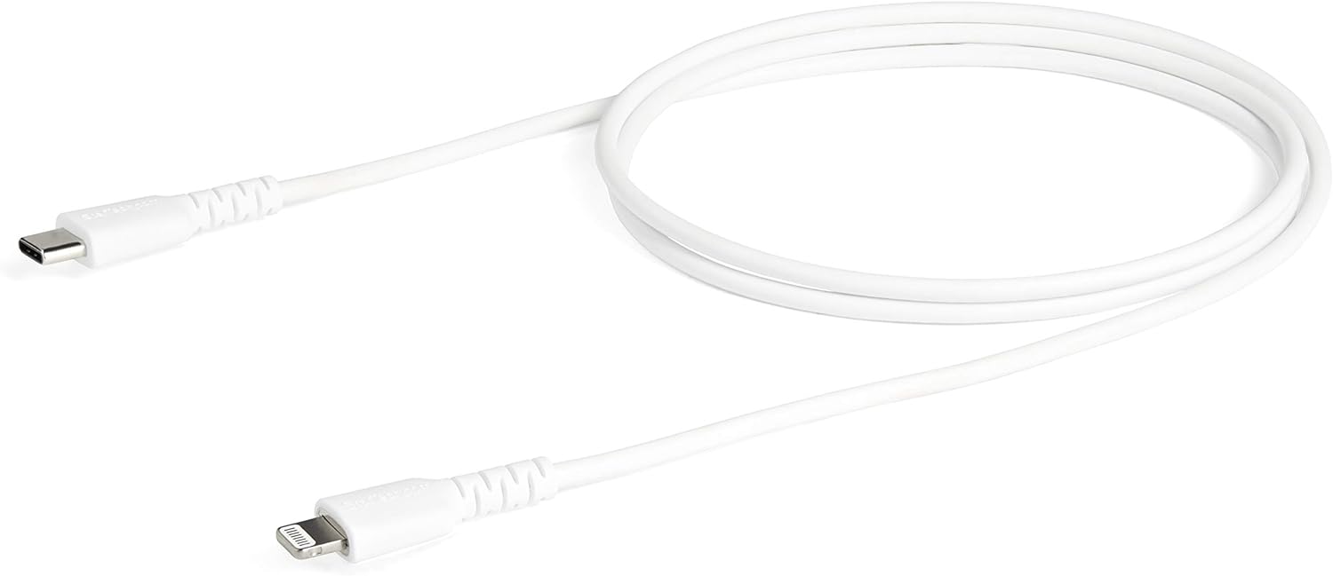 StarTech.com 1m USB C to Lightning Cable - Durable White USB Type C to Lightning Connector Fast Charge & Sync Charging Cord, Rugged w/Aramid Fiber Apple MFI Certified iPhone 11 iPad Air (RUSBCLTMM1MW