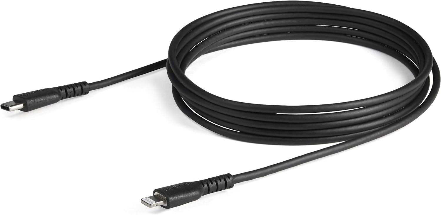 StarTech.com 2m USB C to Lightning Cable - Durable Black USB Type C to Lightning Connector Fast Charge & Sync Charging Cord, Rugged w/Aramid Fiber Apple MFI Certified iPhone 11 iPad Air (RUSBCLTMM2MB