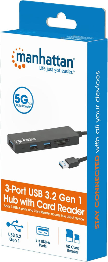 Manhattan USB-A 3-Port Hub with Card Reader, 3x USB-A ports, 5 Gbps (USB 3.2 Gen1 aka USB 3.0), SD, MicroSD, MMC and Memory Stick; Bus Power, SuperSpeed USB, Black, Three Year Warranty, Box