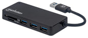 Manhattan USB-A 3-Port Hub with Card Reader, 3x USB-A ports, 5 Gbps (USB 3.2 Gen1 aka USB 3.0), SD, MicroSD, MMC and Memory Stick; Bus Power, SuperSpeed USB, Black, Three Year Warranty, Box