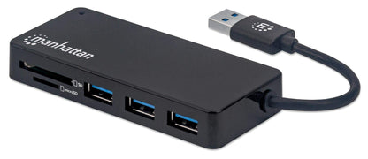 Manhattan USB-A 3-Port Hub with Card Reader, 3x USB-A ports, 5 Gbps (USB 3.2 Gen1 aka USB 3.0), SD, MicroSD, MMC and Memory Stick; Bus Power, SuperSpeed USB, Black, Three Year Warranty, Box