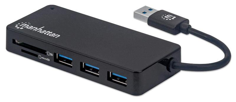 Manhattan USB-A 3-Port Hub with Card Reader, 3x USB-A ports, 5 Gbps (USB 3.2 Gen1 aka USB 3.0), SD, MicroSD, MMC and Memory Stick; Bus Power, SuperSpeed USB, Black, Three Year Warranty, Box