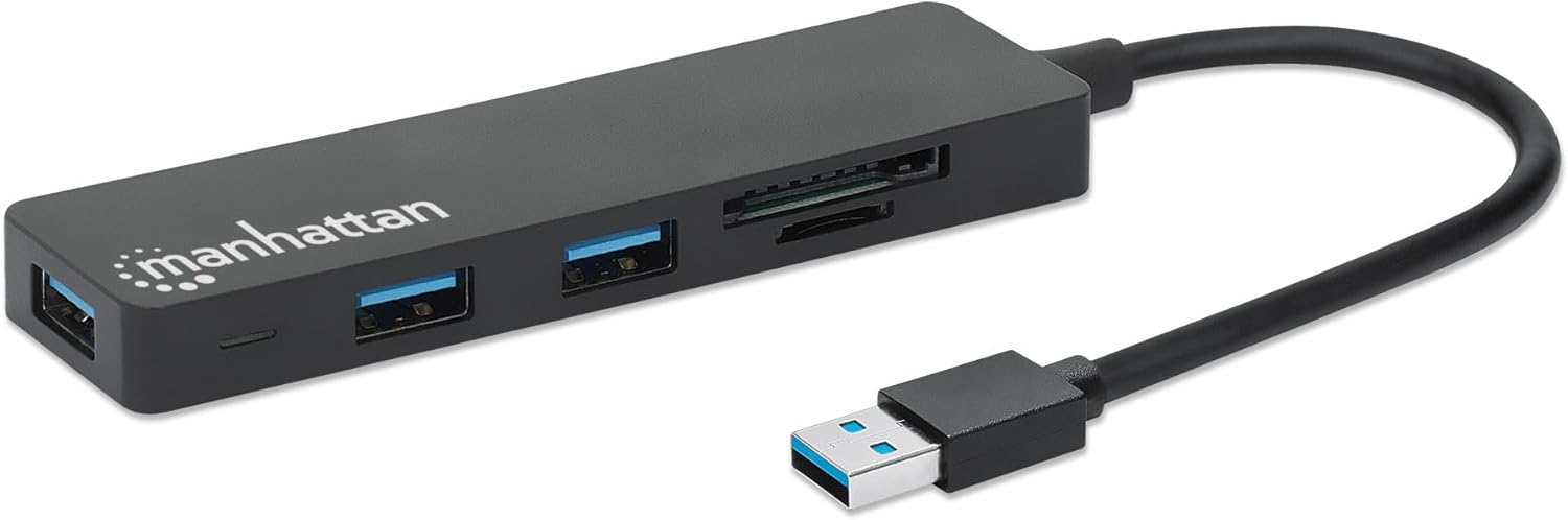 Manhattan USB-A 3-Port Hub with Card Reader, 3x USB-A ports, 5 Gbps (USB 3.2 Gen1 aka USB 3.0), SD, MicroSD, MMC and Memory Stick; Bus Power, SuperSpeed USB, Black, Three Year Warranty, Box
