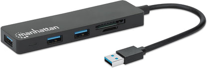 Manhattan USB-A 3-Port Hub with Card Reader, 3x USB-A ports, 5 Gbps (USB 3.2 Gen1 aka USB 3.0), SD, MicroSD, MMC and Memory Stick; Bus Power, SuperSpeed USB, Black, Three Year Warranty, Box