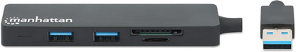 Manhattan USB-A 3-Port Hub with Card Reader, 3x USB-A ports, 5 Gbps (USB 3.2 Gen1 aka USB 3.0), SD, MicroSD, MMC and Memory Stick; Bus Power, SuperSpeed USB, Black, Three Year Warranty, Box