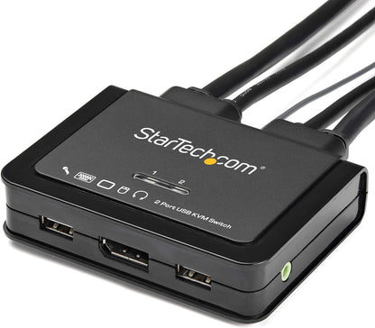 StarTech.com 2 Port DisplayPort KVM Switch - 4K 60Hz - Compact Dual Port UHD DP 1.2 USB Desktop KVM Switch with 4ft Cables & Audio - Bus Powered & Remote Switching - MacBook ThinkPad (SV211DPUA4K