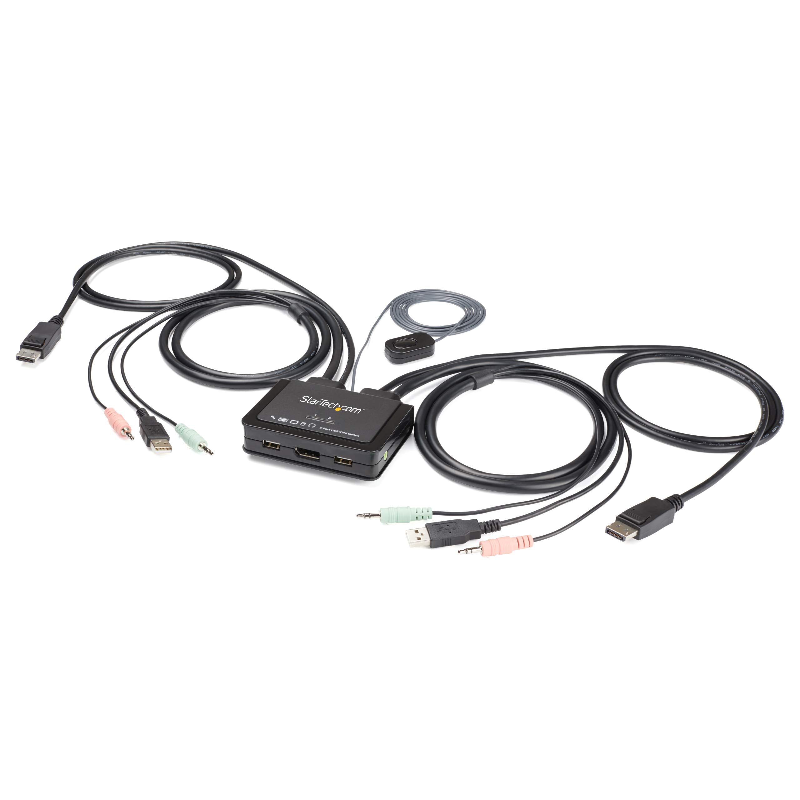StarTech.com 2 Port DisplayPort KVM Switch - 4K 60Hz - Compact Dual Port UHD DP 1.2 USB Desktop KVM Switch with 4ft Cables & Audio - Bus Powered & Remote Switching - MacBook ThinkPad (SV211DPUA4K