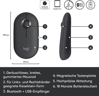 Logitech Pebble Wireless Mouse with Bluetooth or 2.4 GHz Receiver, Silent, Slim Computer Mouse with Quiet Clicks, for Laptop/Notebook/iPad/PC/Mac/Chromebook - Graphite/Black