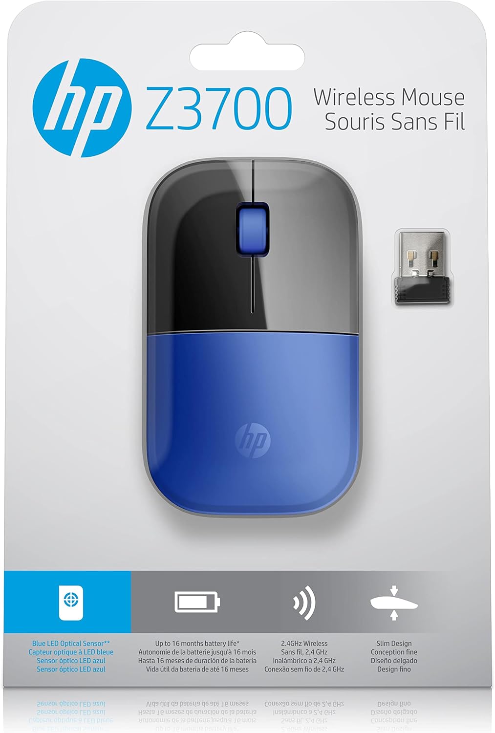 HP Z3700 Wireless Mouse, Blue, Slim, Multi-OS & Device Compatibility, 2.4 GHZ Connectivity, Multi-Surface Technology, Blue LED 1200 dpi Optical Sensor, Up to 16 Months Battery Life