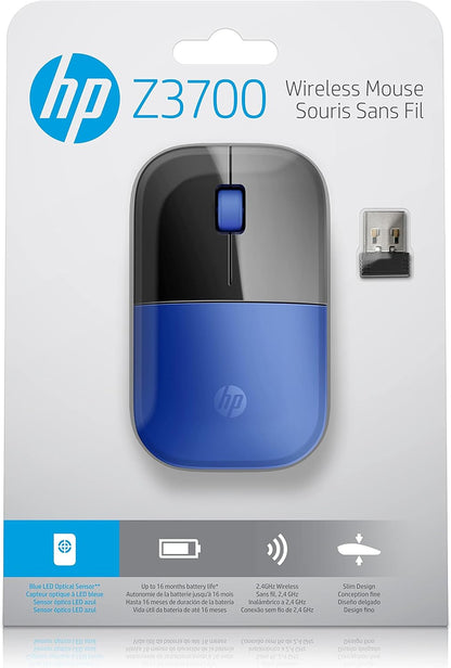 HP Z3700 Wireless Mouse, Blue, Slim, Multi-OS & Device Compatibility, 2.4 GHZ Connectivity, Multi-Surface Technology, Blue LED 1200 dpi Optical Sensor, Up to 16 Months Battery Life