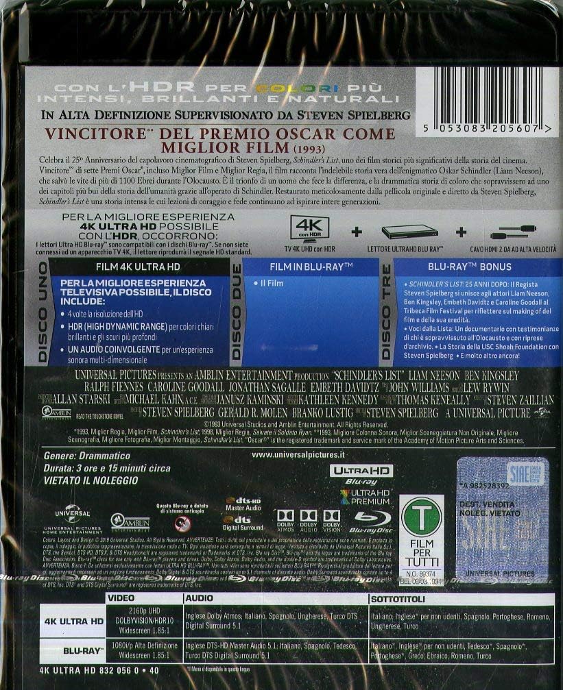 Movie Schindler`S List (4K Ultra Hd+Blu-Ray) - (Italian