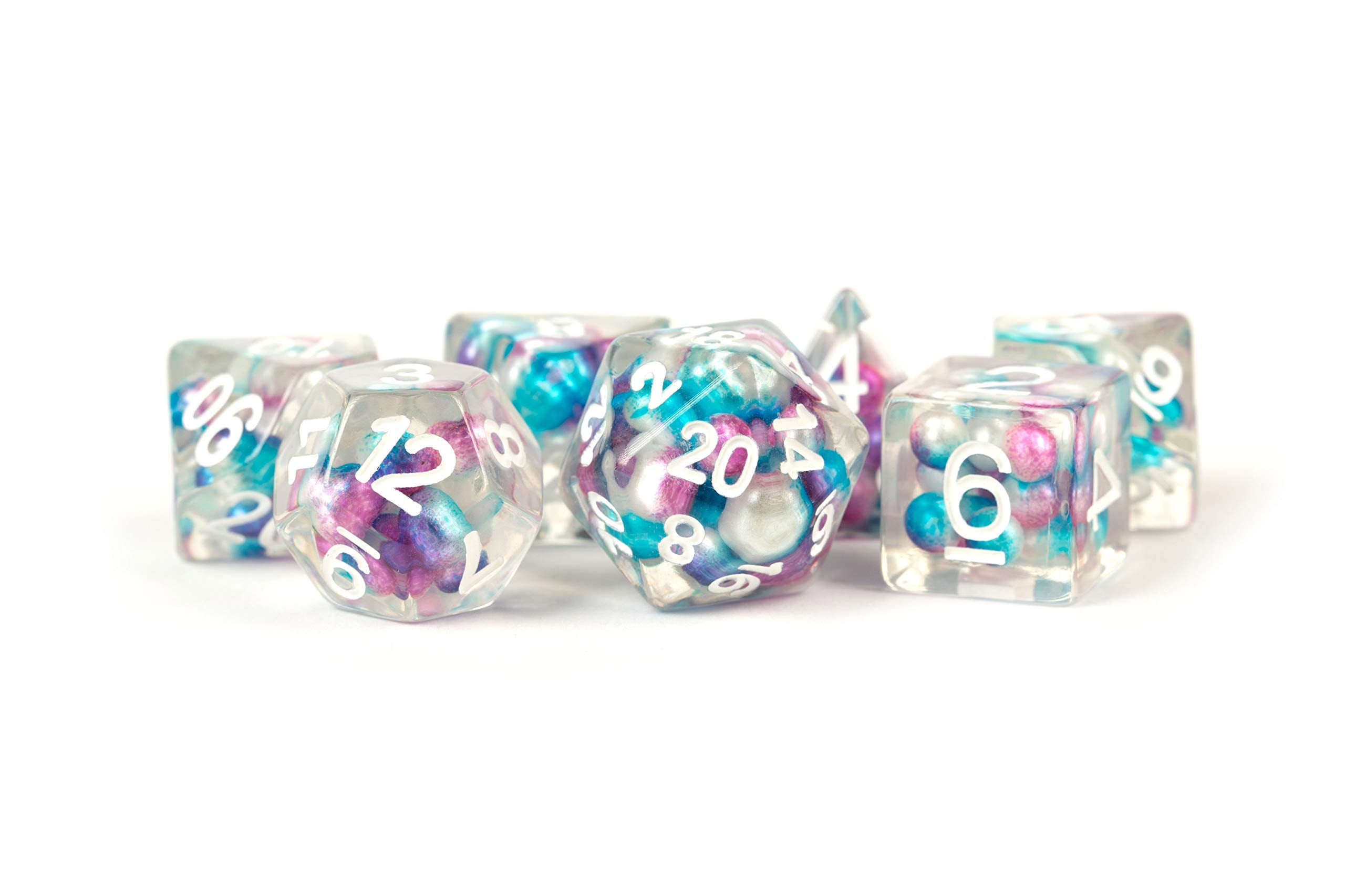 Pearl Dice Gradient Purple/Teal/White w/ White Numbers 16mm Resin Poly Dice Set