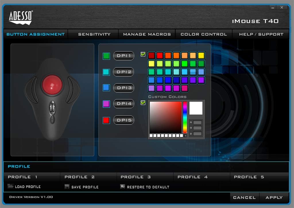 Adesso iMouse T40 - Ratón (Ambidextro, Trackball, RF Wireless, 4800 DPI, Black, Rojo