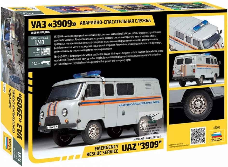 Zvezda 43002 500043002-1:43 UAZ 3909 Emergency Service-Plastic Model Assembly-Kit-for Beginners-Detailed, Unvarnished