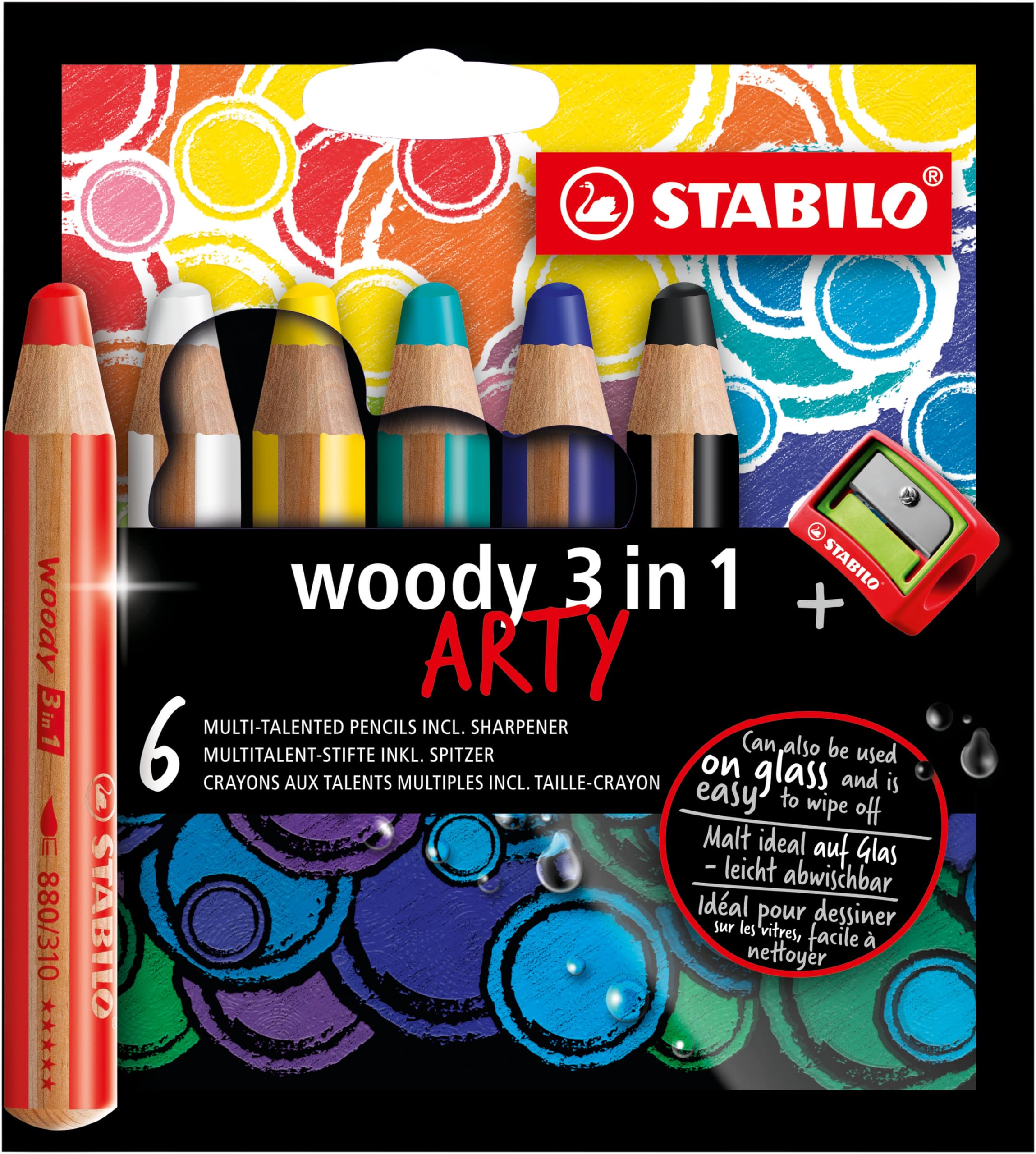 Multi-Talented Pencil - STABILO woody 3 in 1 - ARTY - Pack of 6 - Assorted Colours with Sharpener
