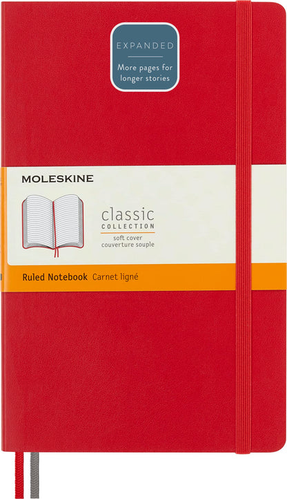 Moleskine - Classic Notebook Expanded, Ruled Notebook, Soft Cover and Elastic Closure, Size Large 13 x 21 cm, Colour Scarlet Red, 400 Pages