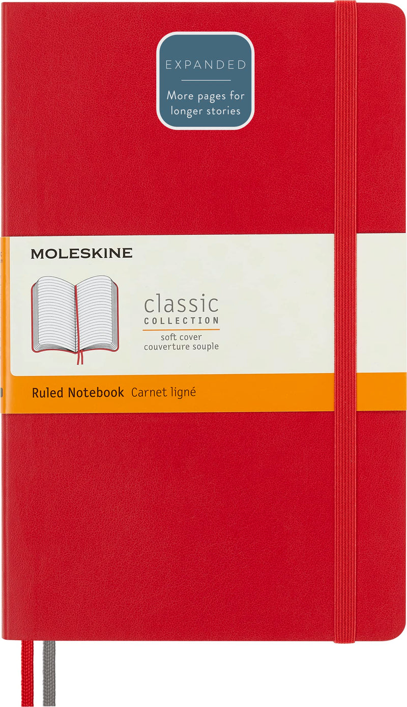 Moleskine - Classic Notebook Expanded, Ruled Notebook, Soft Cover and Elastic Closure, Size Large 13 x 21 cm, Colour Scarlet Red, 400 Pages