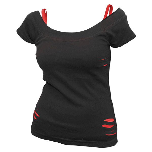 SPIRAL Plain Ripped 2-in-1 Top, Short Sleeve, Adult Female, Extra Large, Black/Red (PL158-XL)