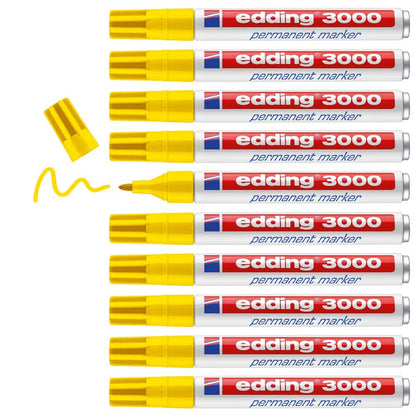 edding 3000 permanent marker - yellow - box of 10 - round tip 1.5-3 mm - quick-drying permanent markers - waterproof, smudge-proof - for cardboard, plastic, wood, metal, fabric - marker pens