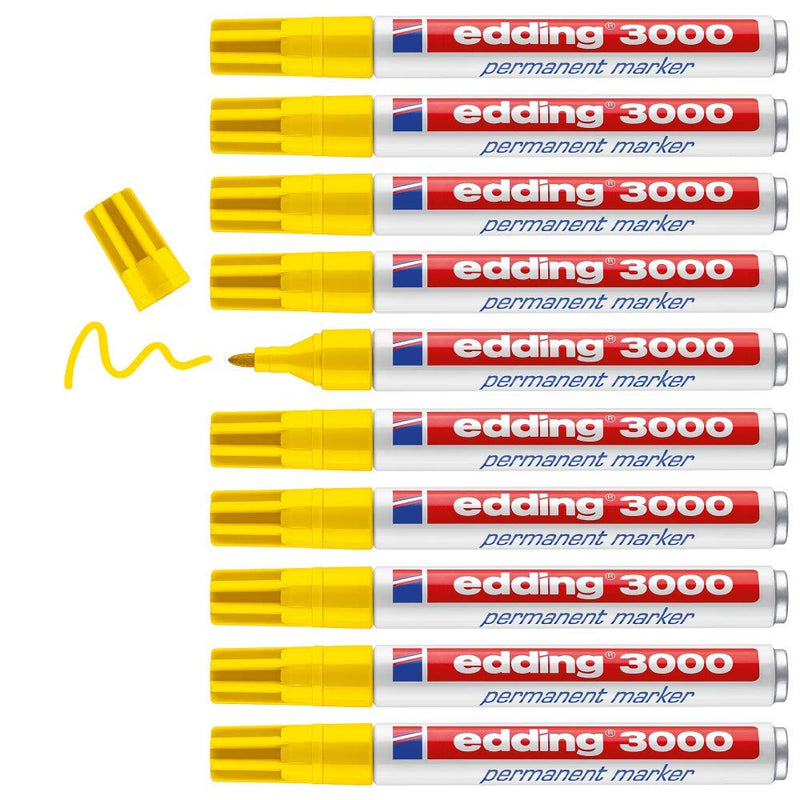edding 3000 permanent marker - yellow - box of 10 - round tip 1.5-3 mm - quick-drying permanent markers - waterproof, smudge-proof - for cardboard, plastic, wood, metal, fabric - marker pens