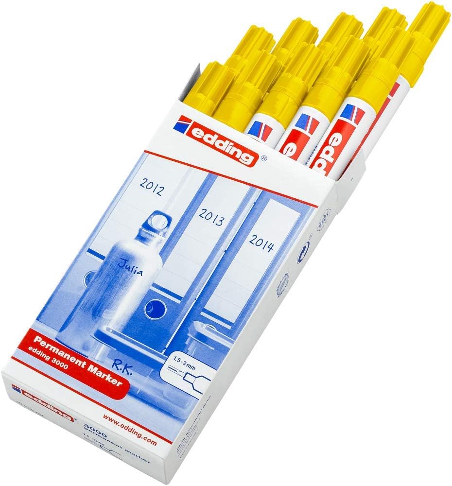 edding 3000 permanent marker - yellow - box of 10 - round tip 1.5-3 mm - quick-drying permanent markers - waterproof, smudge-proof - for cardboard, plastic, wood, metal, fabric - marker pens