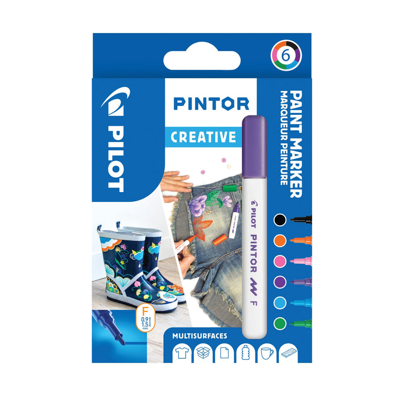 Pilot - Pintor, Wallet of 6 Creative Multi-Surface Water-Based Permanent Markers - Quick Dry - For Fabrics, Glass, Wood, Stone, DIY/Amateur Artists - Fine Tip - Assorted Creative Colors, 3131910517429