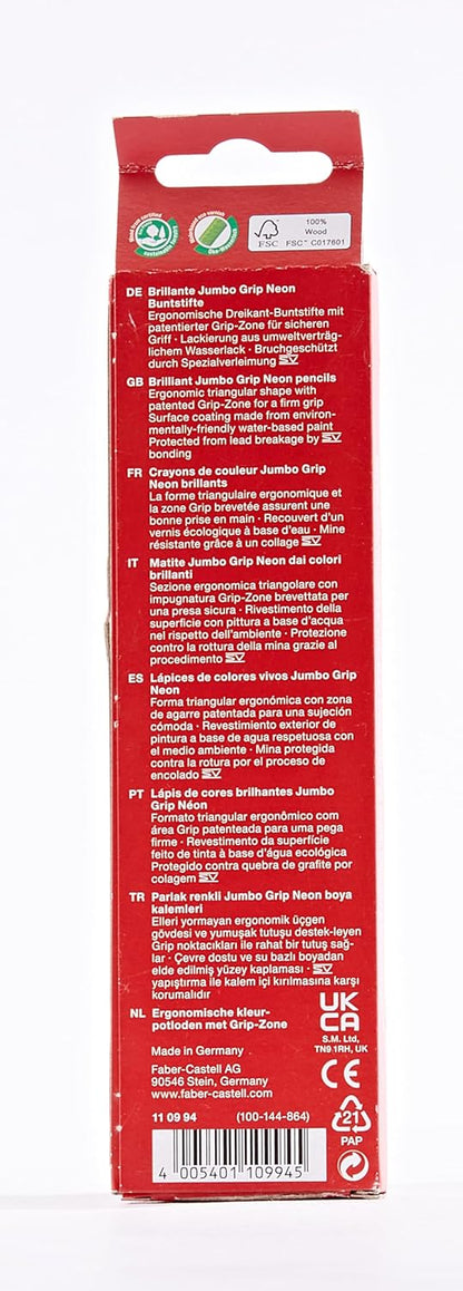 Faber-Castell 110994 - Jumbo Buntstifte Set GRIP Neon, 5-teilig, bruchsicher, für Kinder und Erwachsene