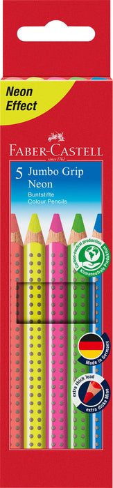 Faber-Castell 110994 - Jumbo Buntstifte Set GRIP Neon, 5-teilig, bruchsicher, für Kinder und Erwachsene