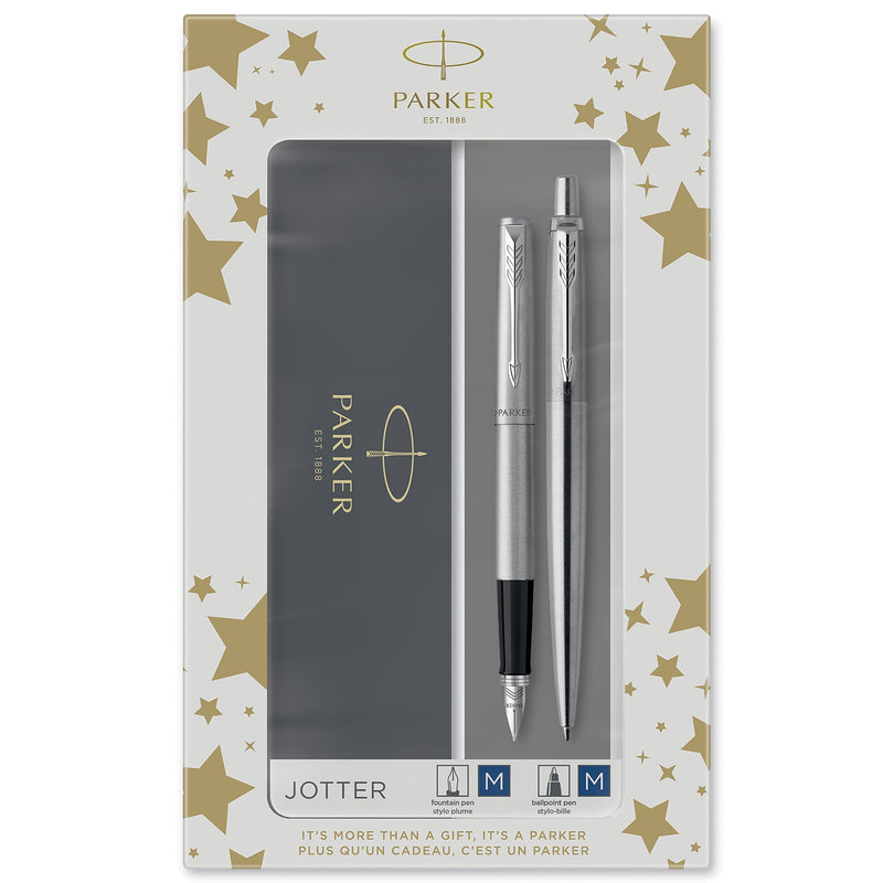 Parker Jotter Duo Gift Set with Ballpoint Pen & Fountain Pen | Stainless Steel with Chrome Trim | Blue Ink Refill & Cartridges | Gift Box