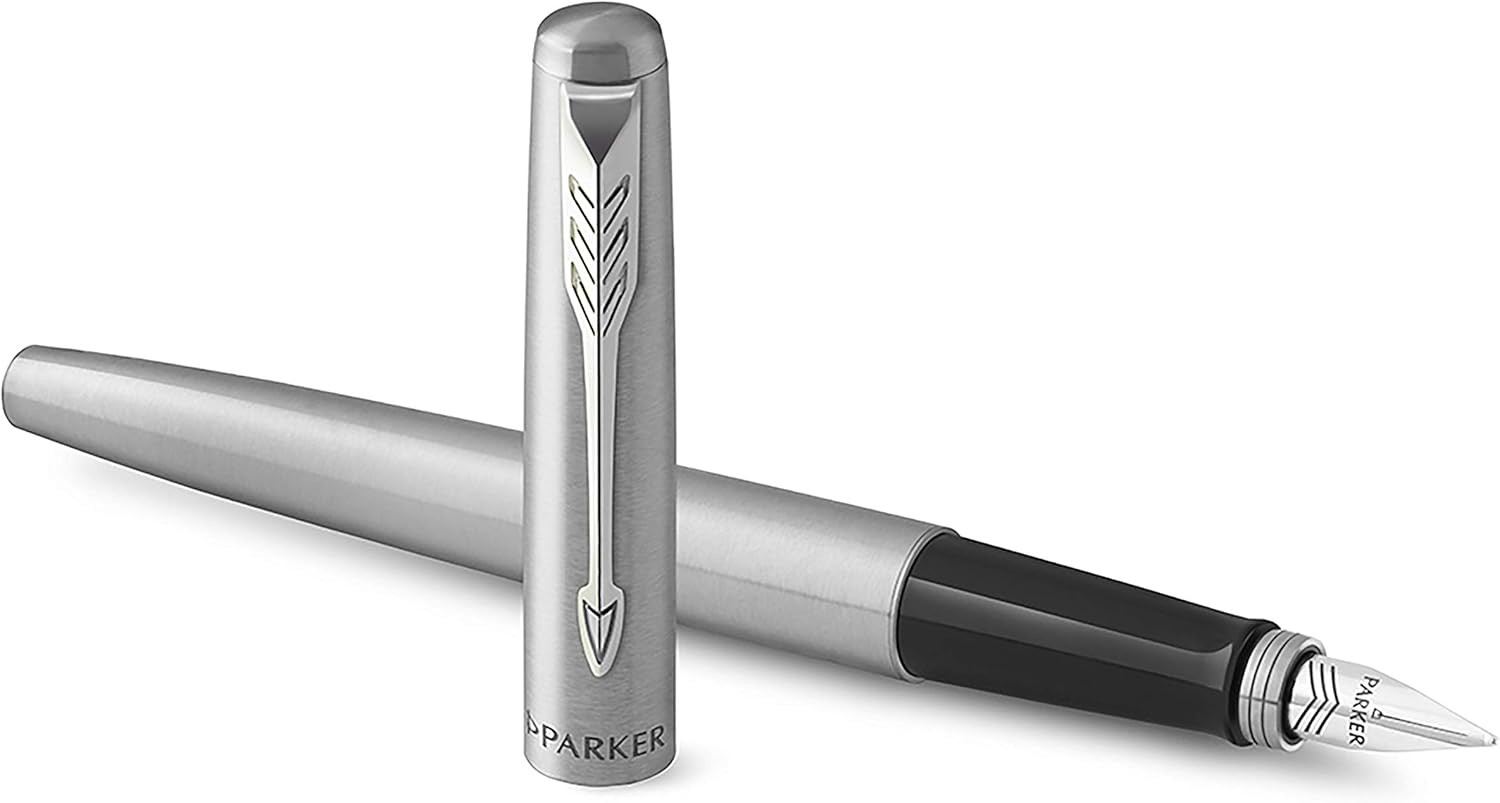 Parker Jotter Duo Gift Set with Ballpoint Pen & Fountain Pen | Stainless Steel with Chrome Trim | Blue Ink Refill & Cartridges | Gift Box