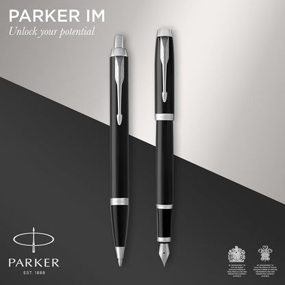 Parker IM Duo Gift Set with Ballpoint Pen & Fountain Pen | Gloss Black with Chrome Trim | Blue Ink Refill & Cartridge | Gift Box