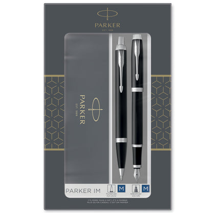 Parker IM Duo Gift Set with Ballpoint Pen & Fountain Pen | Gloss Black with Chrome Trim | Blue Ink Refill & Cartridge | Gift Box