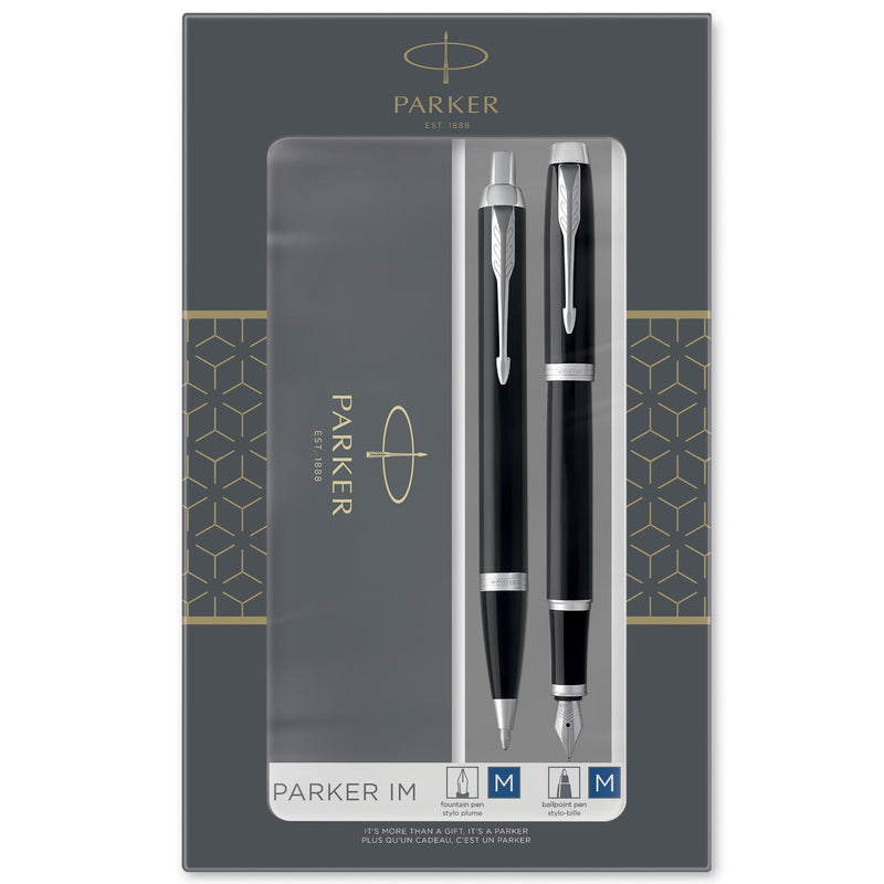 Parker IM Duo Gift Set with Ballpoint Pen & Fountain Pen | Gloss Black with Chrome Trim | Blue Ink Refill & Cartridge | Gift Box