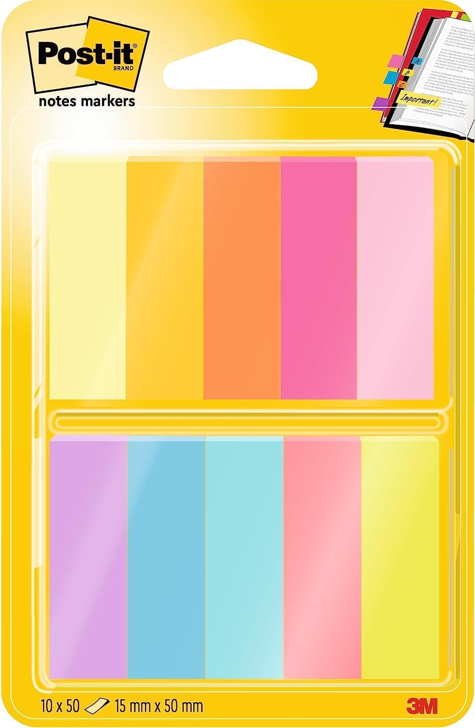 Post-it Notes Marker, Pack of 10 Pads, 50 Markers per Pad,12.7 mm x 44.4 mm, Yellow, Orange, Pink, Purple, Blue, Green Colors - To Mark, Highlight or Color Code Important Information