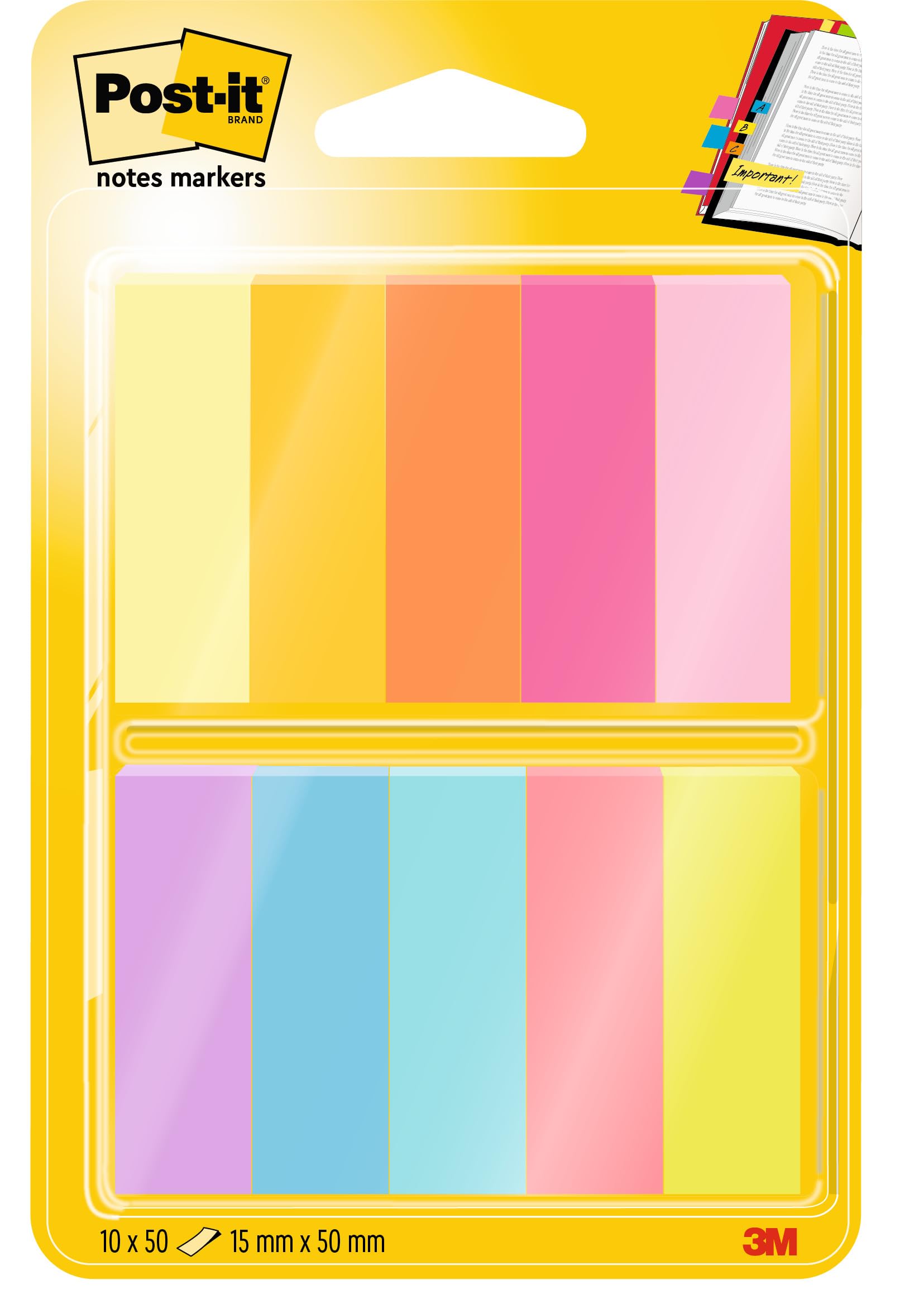 Post-it Notes Marker, Pack of 10 Pads, 50 Markers per Pad,12.7 mm x 44.4 mm, Yellow, Orange, Pink, Purple, Blue, Green Colors - To Mark, Highlight or Color Code Important Information