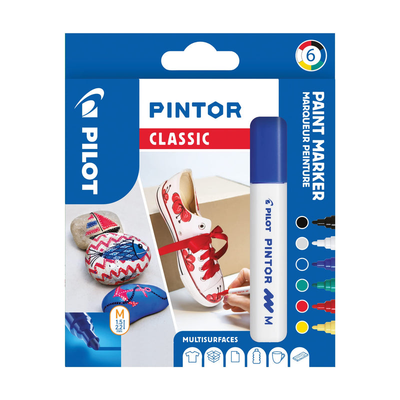 Pilot - Pintor, Wallet of 6 Creative Multi-Surface Water-Based Permanent Markers - Quick Dry - For Fabrics, Glass, Wood, Stone, DIY/Amateur Artists - Medium Tip - Assorted Classic Colors