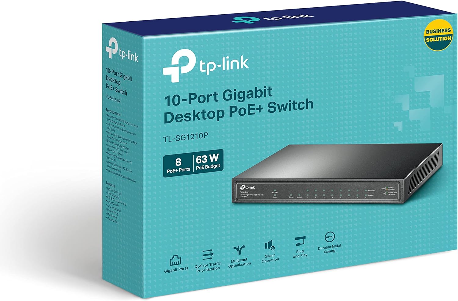 TP-Link TL-SG1210P 10-Port Gigabit Desktop Switch with 8 Port PoE+ Ethernet Switch ( 30W/PoE port & 63W for all PoE ports, No Configuration Required