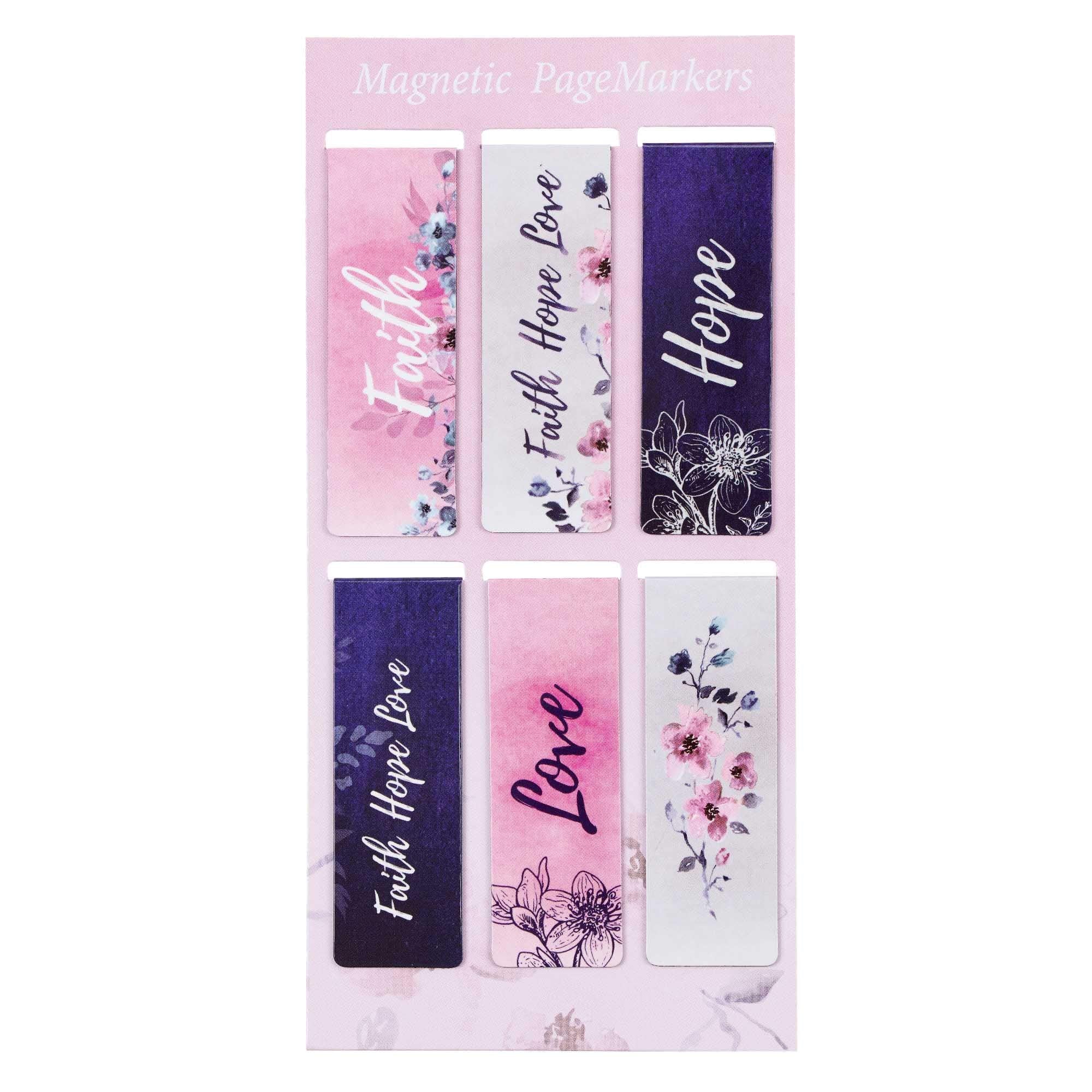 Christian Art Gifts Set of 6 Faith Hope Love Pink Flowers Inspirational Magnetic Bible Verse Bookmark with Scripture, Size Small 2.3" x .75"