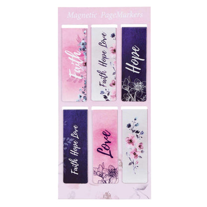 Christian Art Gifts Set of 6 Faith Hope Love Pink Flowers Inspirational Magnetic Bible Verse Bookmark with Scripture, Size Small 2.3" x .75"
