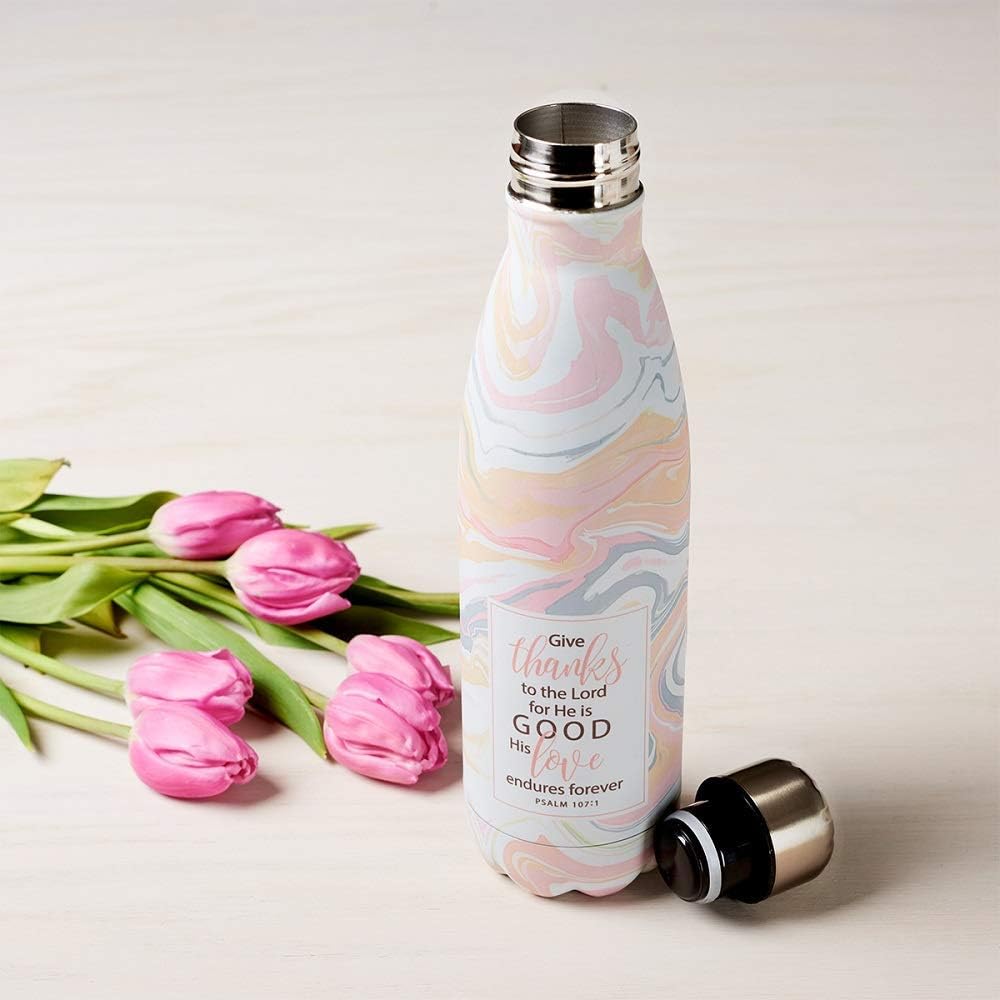 Christian Art Gifts Stainless Steel Double Wall Vaccum Insulated Water Bottle: Give Thanks - Psalm 107:1 Inspirational Bible Verse, Swirled White/Pink Marble for Hot & Cold Beverages, 17 oz.