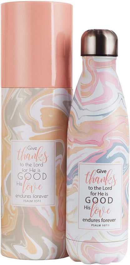 Christian Art Gifts Stainless Steel Double Wall Vaccum Insulated Water Bottle: Give Thanks - Psalm 107:1 Inspirational Bible Verse, Swirled White/Pink Marble for Hot & Cold Beverages, 17 oz.