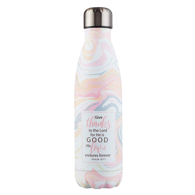 Christian Art Gifts Stainless Steel Double Wall Vaccum Insulated Water Bottle: Give Thanks - Psalm 107:1 Inspirational Bible Verse, Swirled White/Pink Marble for Hot & Cold Beverages, 17 oz.