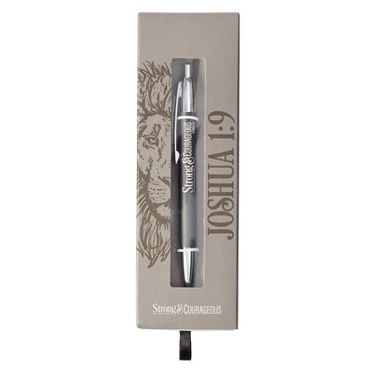 Christian Art Gifts Scripture Clip Medium Ballpoint Black Ink Pen in Box for Men: Strong & Courageous - Joshua 1:9 Inspirational Bible Verse, Journaling, Writing & Notetaking, Charcoal Gray/Silver