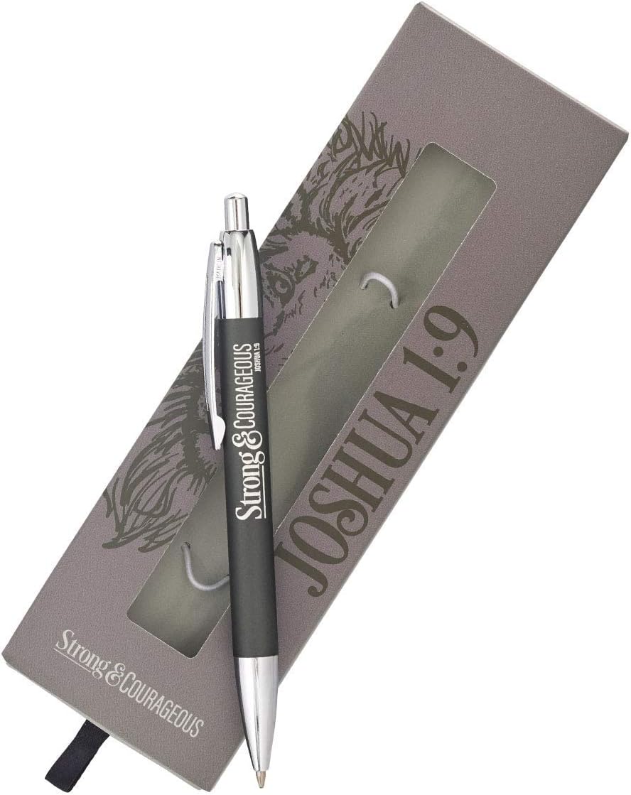 Christian Art Gifts Scripture Clip Medium Ballpoint Black Ink Pen in Box for Men: Strong & Courageous - Joshua 1:9 Inspirational Bible Verse, Journaling, Writing & Notetaking, Charcoal Gray/Silver