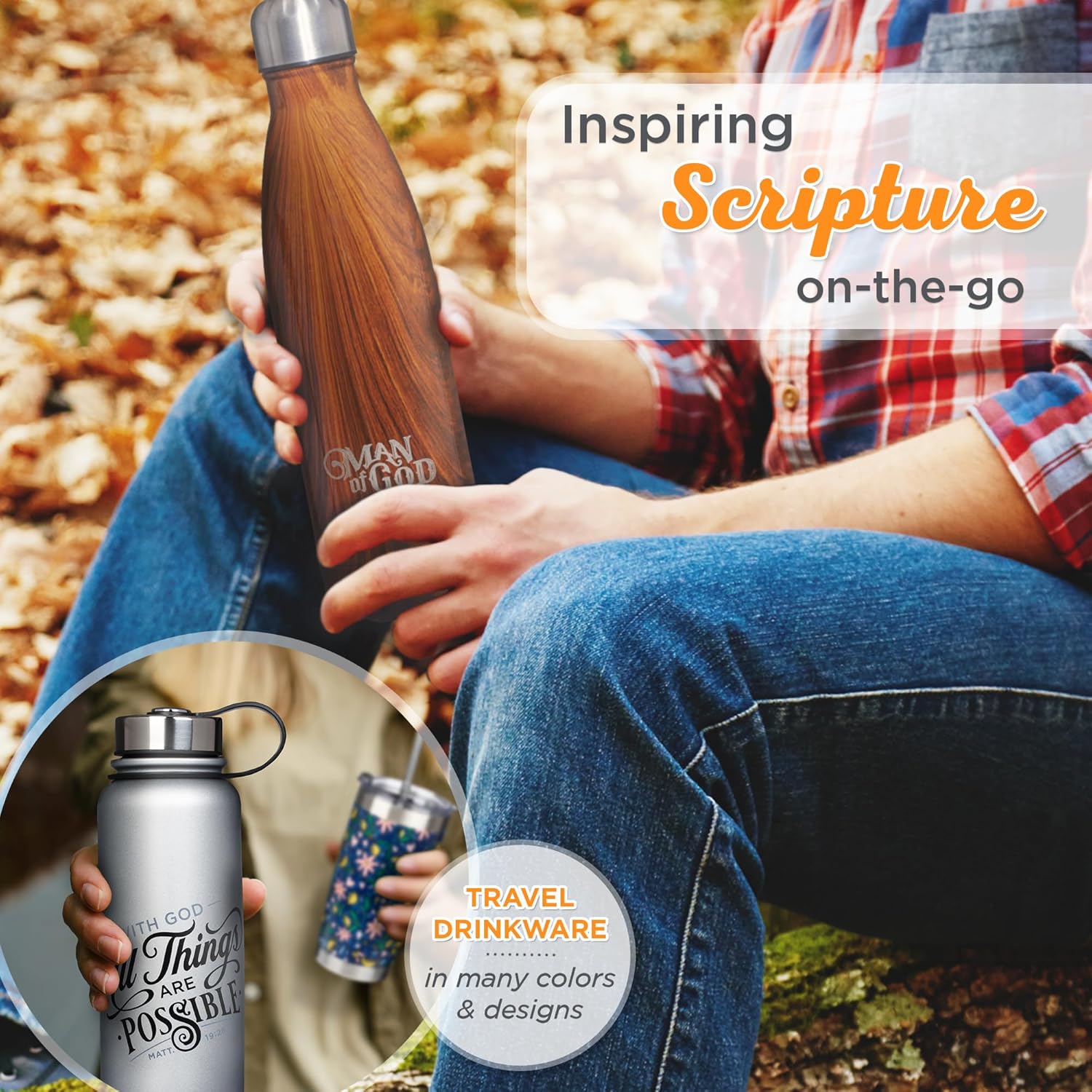 Man Of God Brown Water Bottle w/1 Timothy 6:11 - Christian Water Bottle for Men (17oz Stainless Steel Double Wall Vacuum Insulated For All Day Hot or Cold Beverages