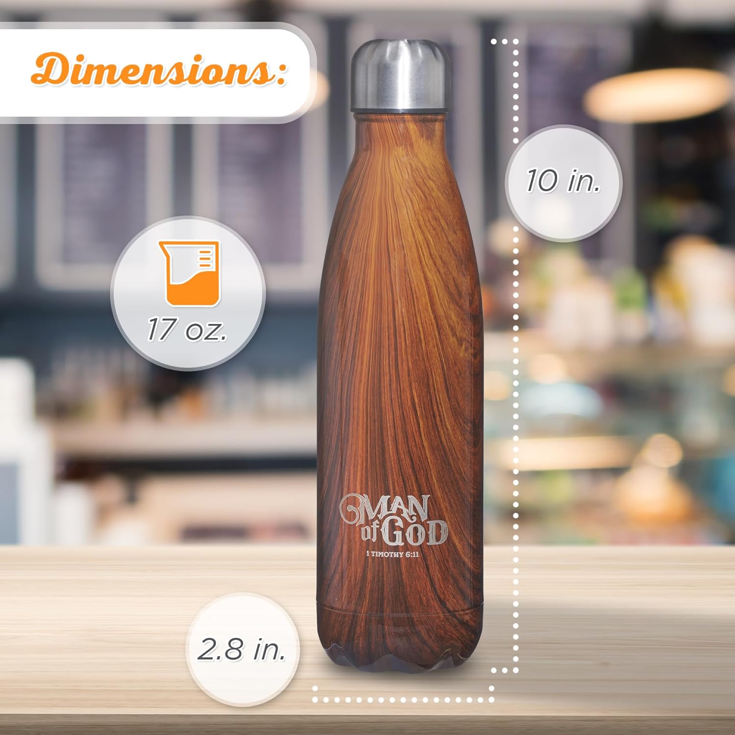 Man Of God Brown Water Bottle w/1 Timothy 6:11 - Christian Water Bottle for Men (17oz Stainless Steel Double Wall Vacuum Insulated For All Day Hot or Cold Beverages