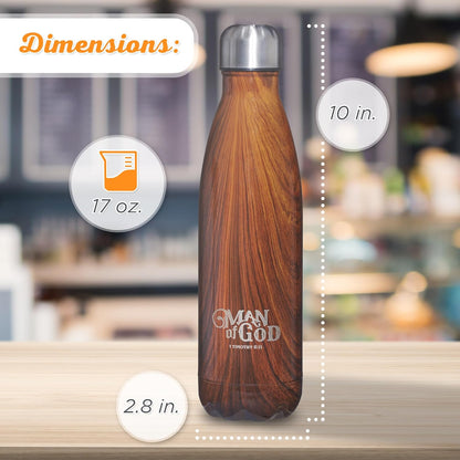 Man Of God Brown Water Bottle w/1 Timothy 6:11 - Christian Water Bottle for Men (17oz Stainless Steel Double Wall Vacuum Insulated For All Day Hot or Cold Beverages