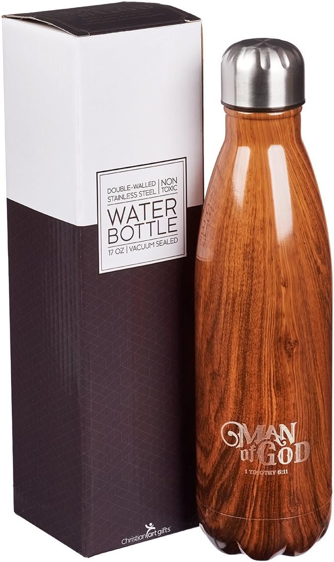 Man Of God Brown Water Bottle w/1 Timothy 6:11 - Christian Water Bottle for Men (17oz Stainless Steel Double Wall Vacuum Insulated For All Day Hot or Cold Beverages